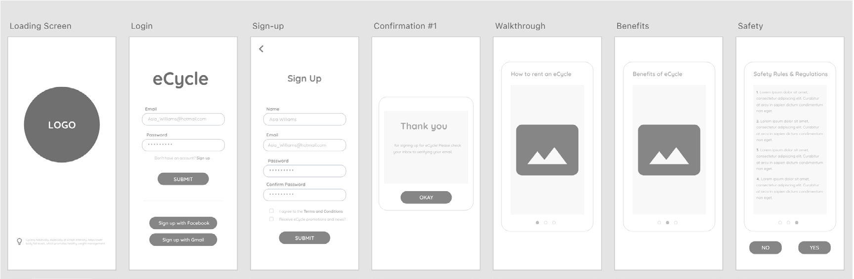 Low fidelity mock ups of app screens