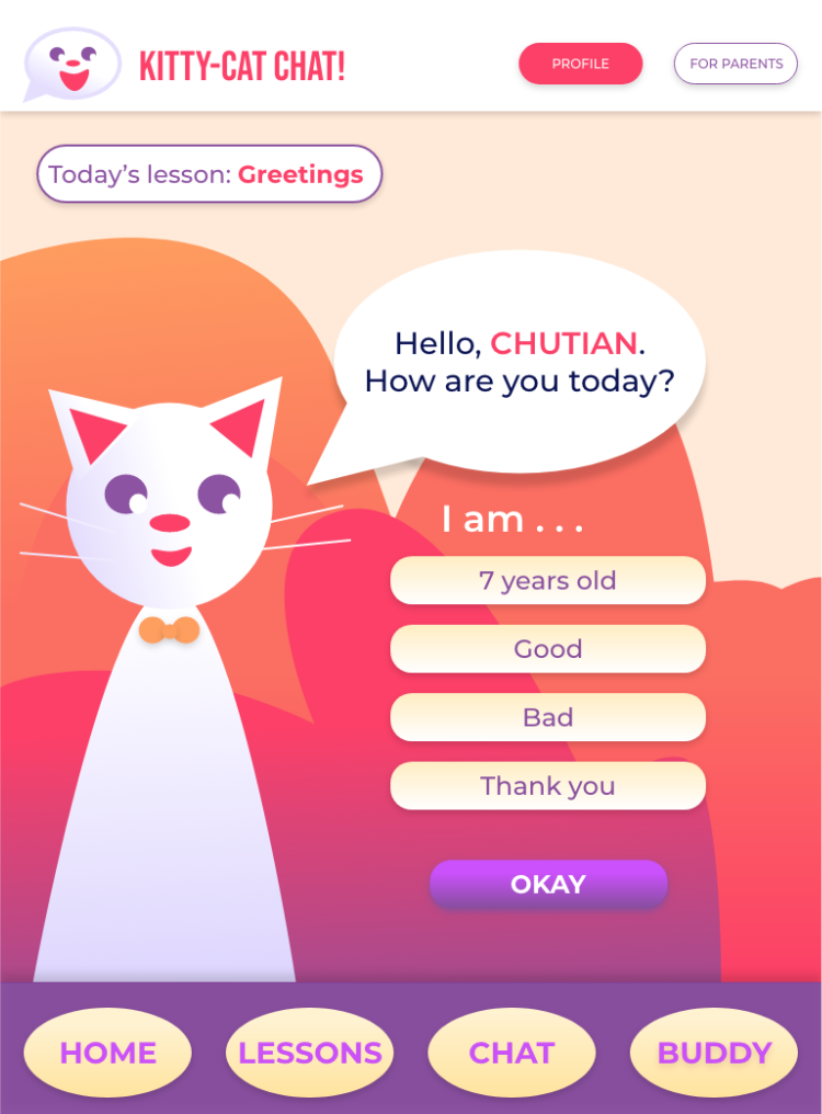 Mock up of Kitty Cat Chat game play interface