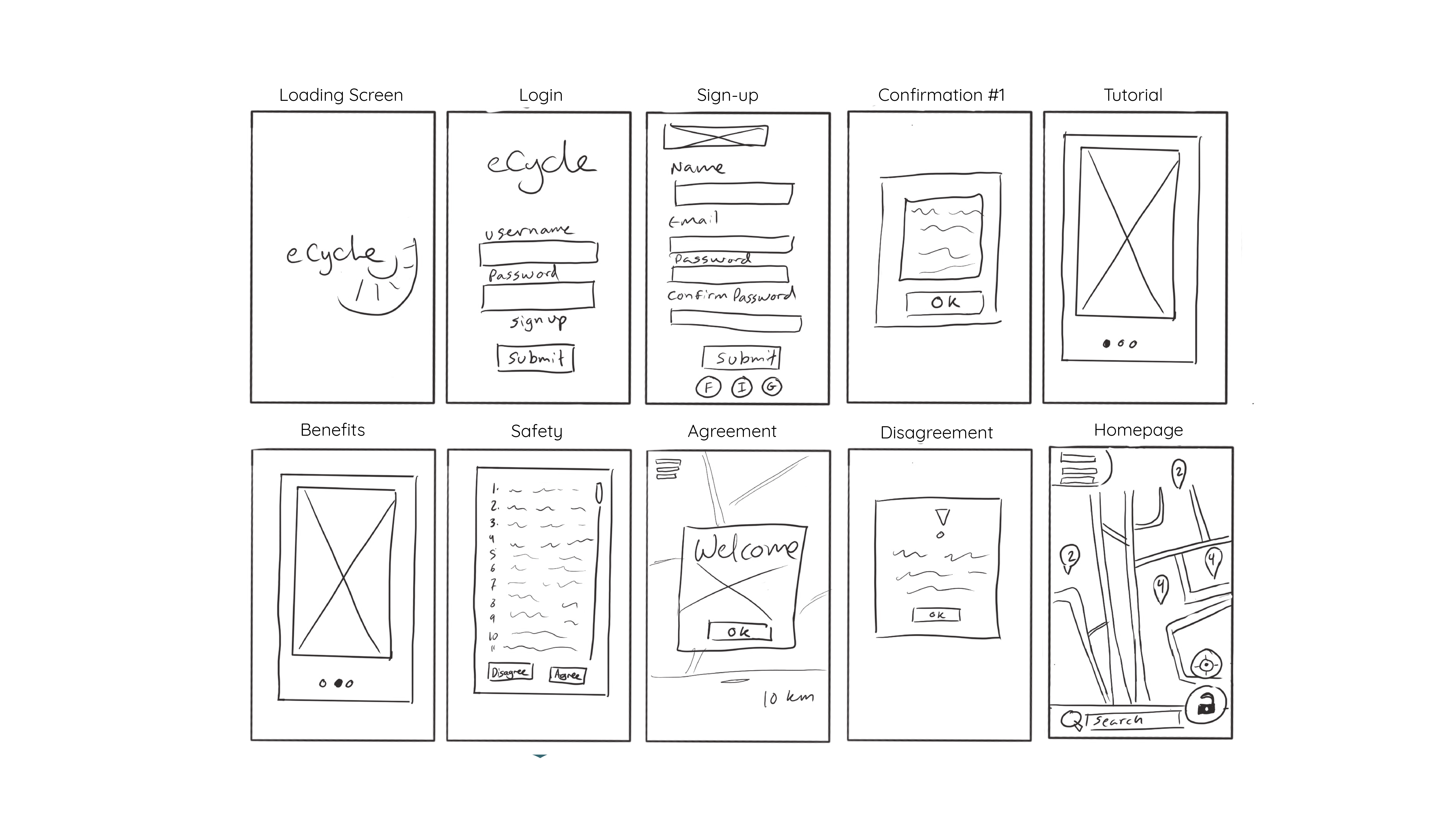 Sketches of app screens