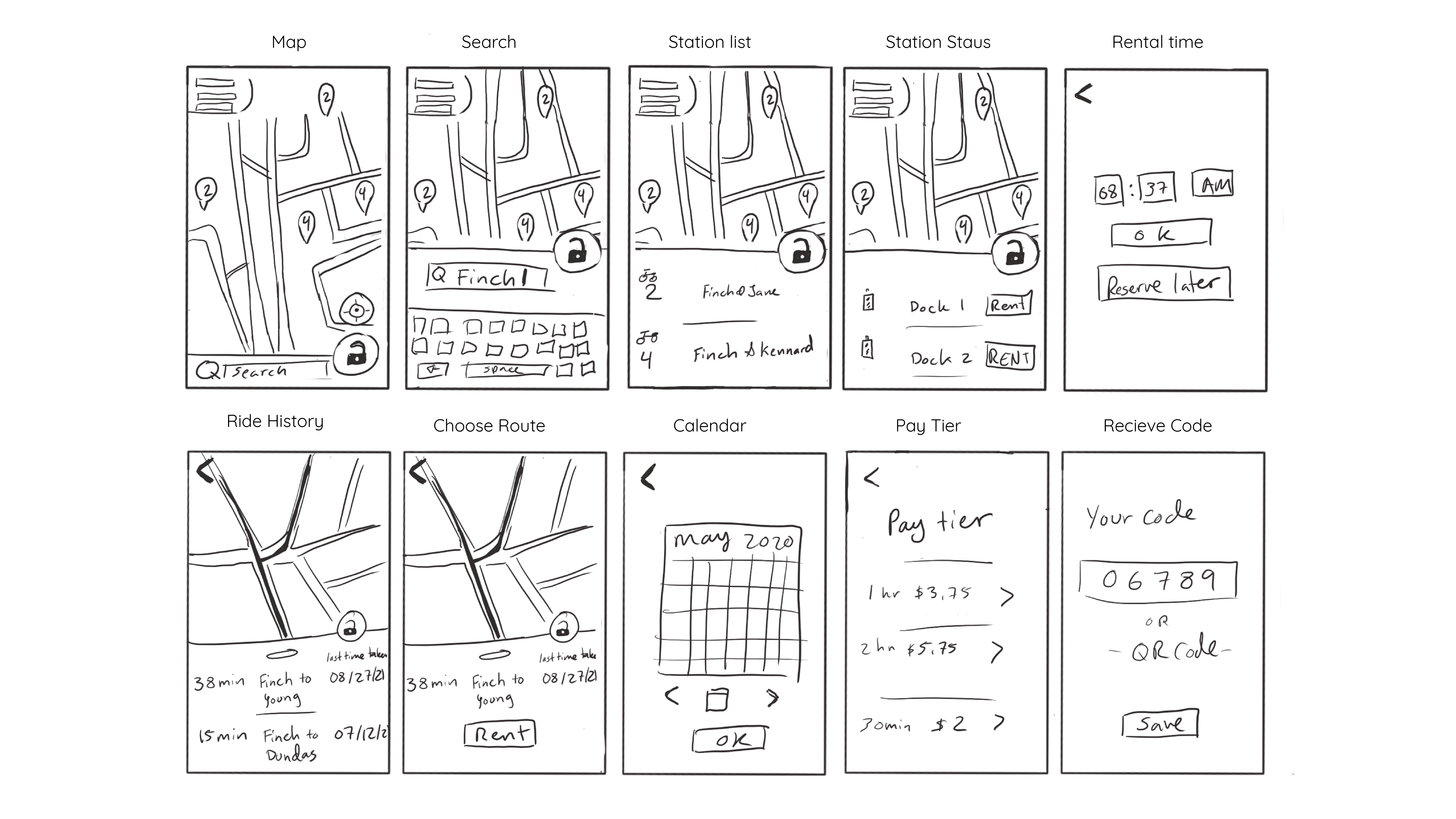 Sketches of app screens