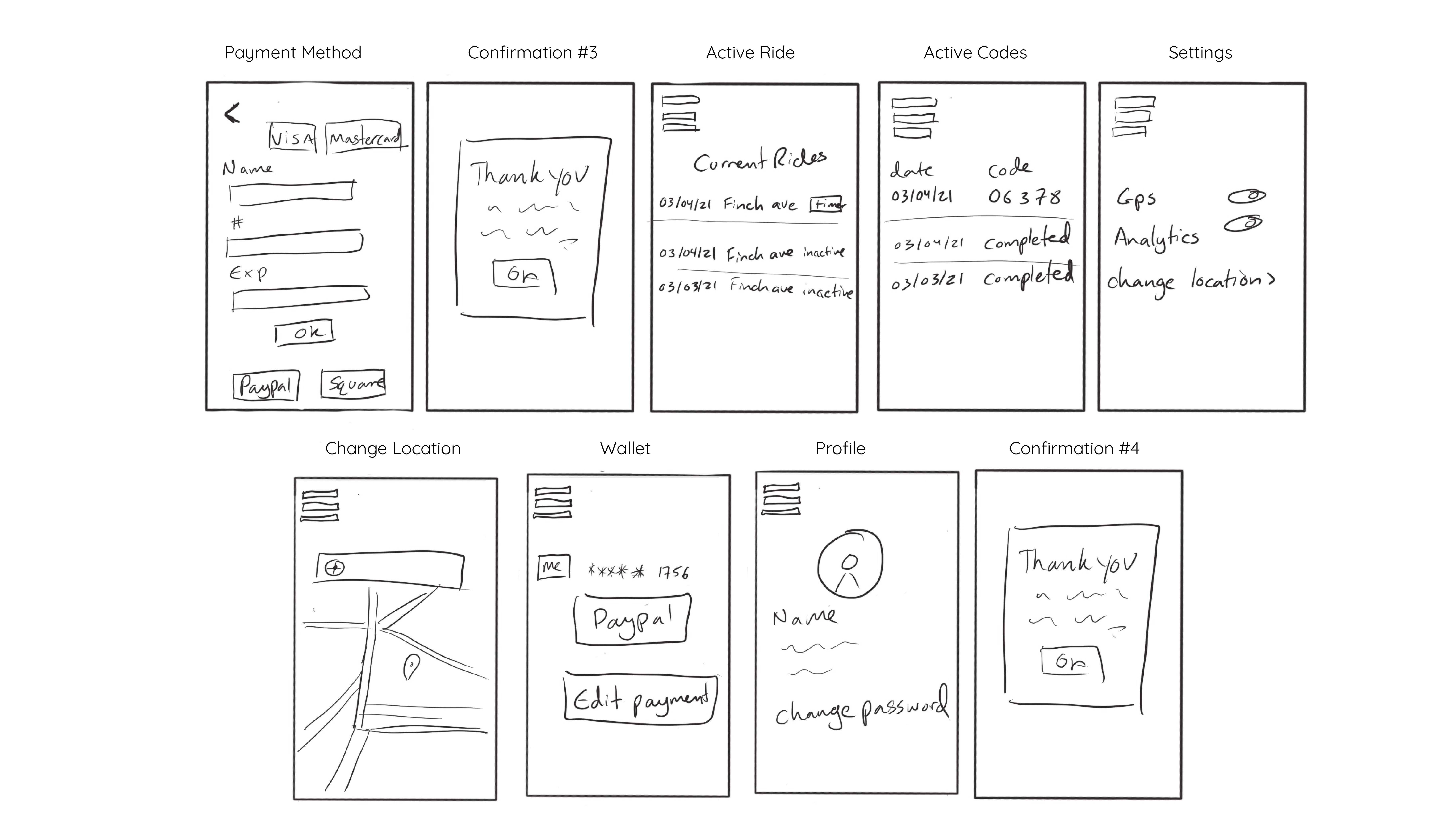 Sketches of app screens